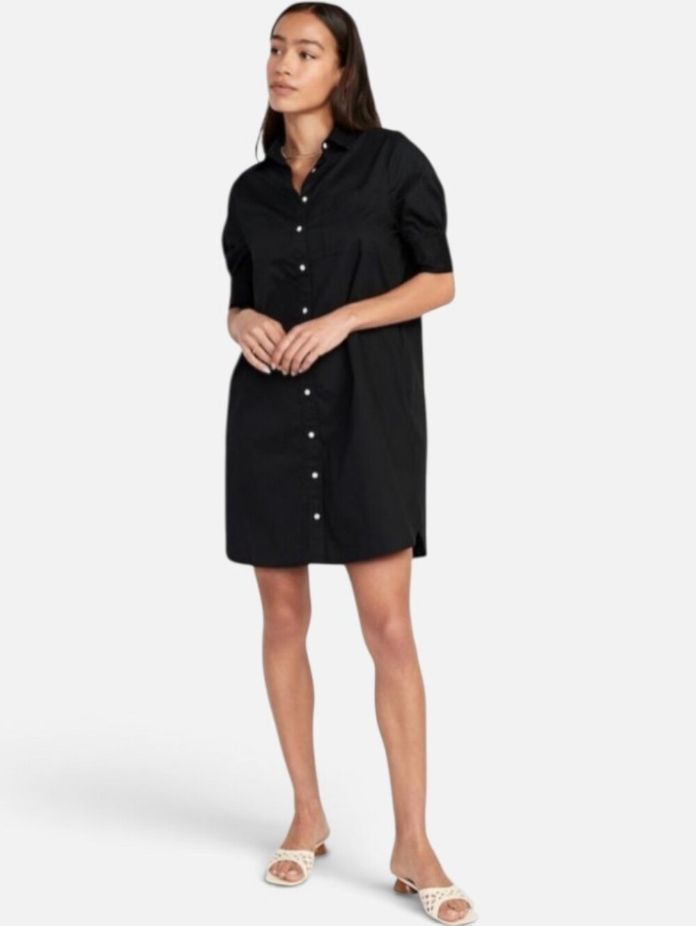 Old Navy Classic Black Button-Up Mini Shirt Dress Puff Sleeve Size Medium Petite
